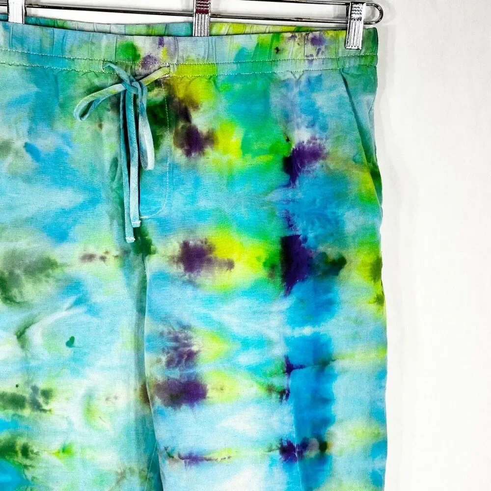 HM XL‎ Pants Dreaming Blue Tie Dye Handmade Blue Green Linen Cropped Pockets 689